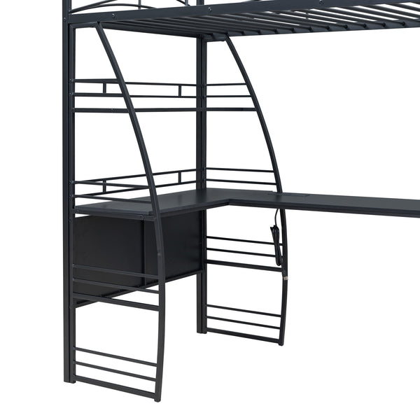 English Elm Twin Loft Bed with L-Shaped Desk, 4 Open Shelves, Built-In Sockets, USBs & Wireless Charging Black SF000020AAB