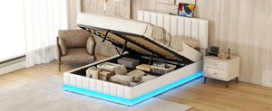 English Elm Full Upholstered Platform Bed with Hydraulic Storage, RGB LED Sensor Lights, USB Sockets, Modern Chic White SF000031AAK