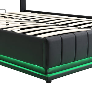 English Elm Full Upholstered Platform Bed with Hydraulic Storage, RGB LED Sensor Lights, USB Sockets, Modern Chic Black SF000031AAB