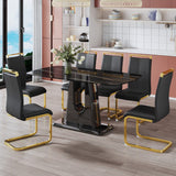 Hearth and Haven 1 Table and 6 Chairs. Modern, Simple and Luxurious Black Imitation Marble Rectangular Dining Table and Desk with 6 Black Leatherette Gold Plated Leg Chairs 63'' X 35.4'' X 30'' W1151S00452