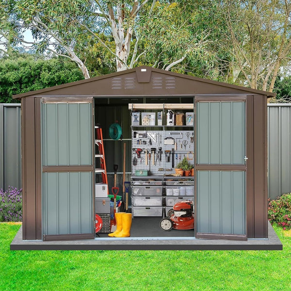 English Elm Outdoor Galvanized Steel Storage Shed 10x8 Lockable Double Door Backyard Organizer W1859S00040
