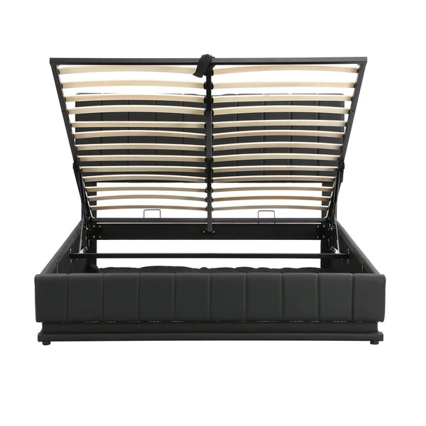 English Elm Queen Upholstered Platform Bed with Hydraulic Storage, RGB LED Sensor Lights, USB Sockets & Modern Design Black SF000032AAB