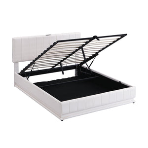 English Elm Queen Upholstered Platform Bed with Hydraulic Storage, RGB LED Sensor Lights, USB Sockets & Modern Design White SF000032AAK