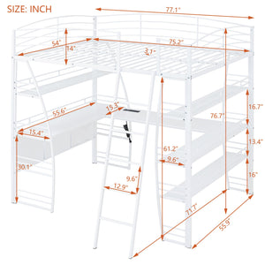 English Elm Full Loft Bed with L-Shaped Desk, 4-Tier Shelving, Metal Guardrails, USB Ports, Wireless Charging, Modern Dorm Room Solution White SF000021AAK