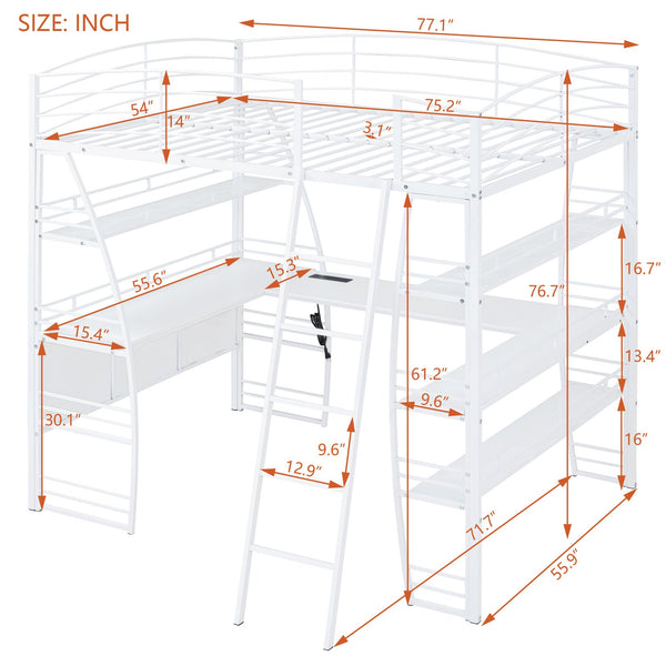 English Elm Full Loft Bed with L-Shaped Desk, 4-Tier Shelving, Metal Guardrails, USB Ports, Wireless Charging, Modern Dorm Room Solution White SF000021AAK