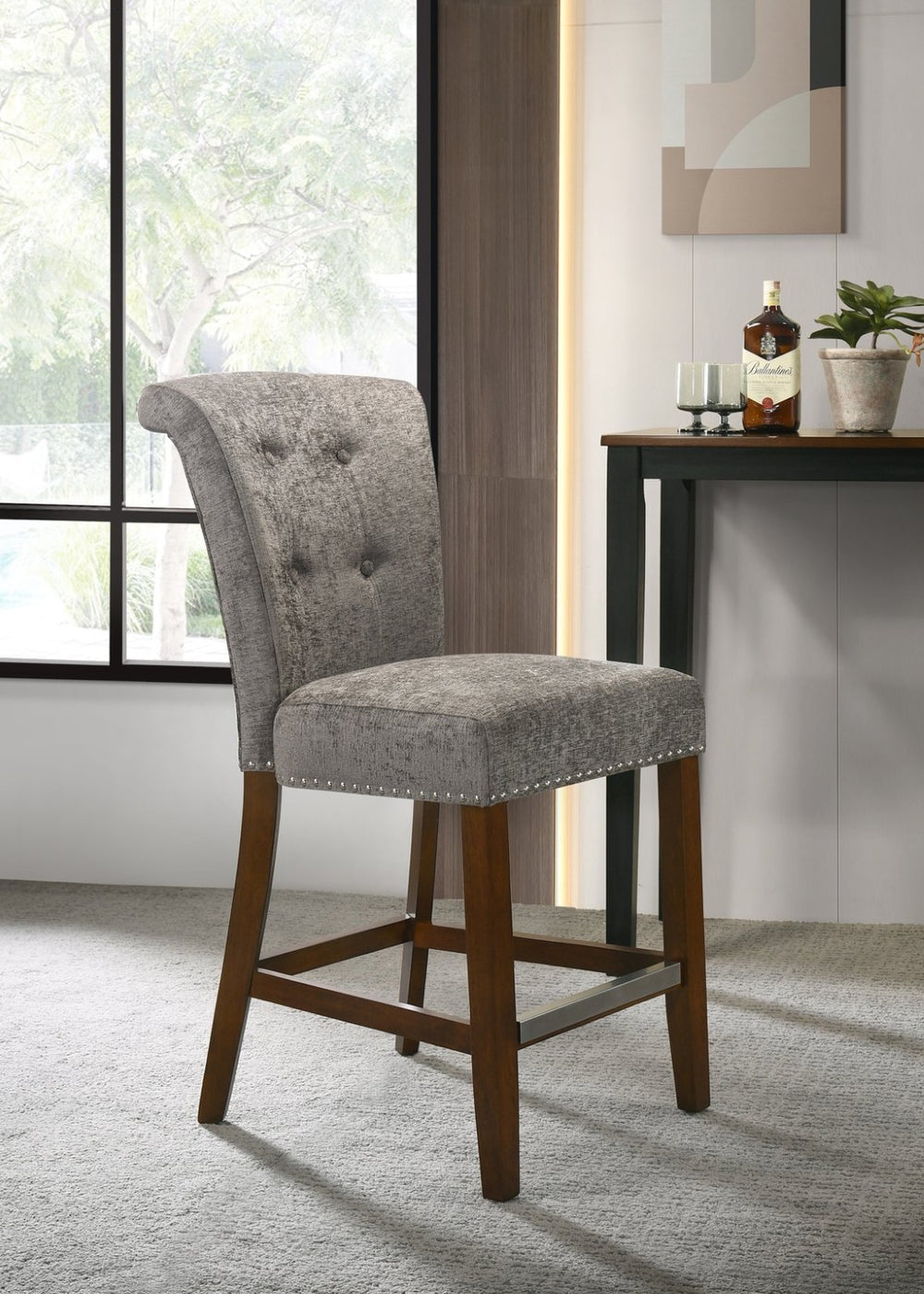 English Elm Auggie Tufted Gray Fabric Counterstool with Nailhead Trim and Espresso Wood Base B061128584