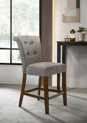 English Elm Auggie Tufted Gray Fabric Counterstool with Nailhead Trim and Espresso Wood Base B061128584