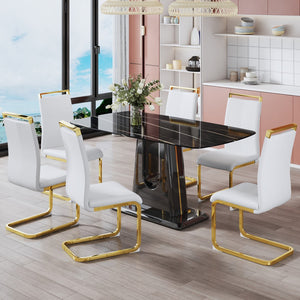 Hearth and Haven 1 Table and 6 Chairs. Modern, Simple and Luxurious Black Imitation Marble Rectangular Dining Table and Desk with 6 White Leatherette Gold Plated Leg Chairs 63'' X 35.4'' X 30'' W1151S00450