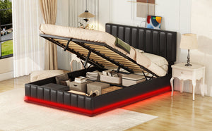 English Elm Full Upholstered Platform Bed with Hydraulic Storage, RGB LED Sensor Lights, USB Sockets, Modern Chic Black SF000031AAB