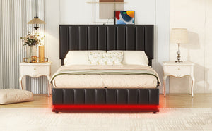 English Elm Full Upholstered Platform Bed with Hydraulic Storage, RGB LED Sensor Lights, USB Sockets, Modern Chic Black SF000031AAB