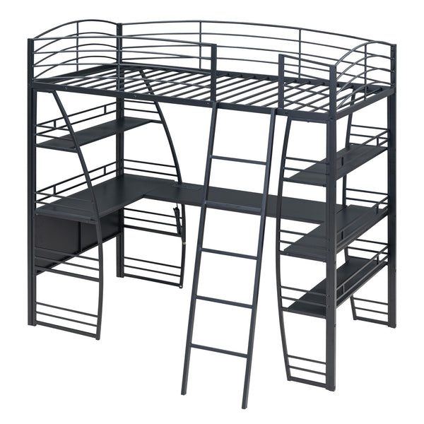 English Elm Twin Loft Bed with L-Shaped Desk, 4 Open Shelves, Built-In Sockets, USBs & Wireless Charging Black SF000020AAB