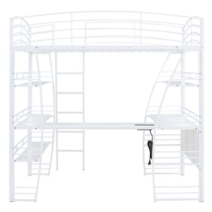 English Elm Full Loft Bed with L-Shaped Desk, 4-Tier Shelving, Metal Guardrails, USB Ports, Wireless Charging, Modern Dorm Room Solution White SF000021AAK