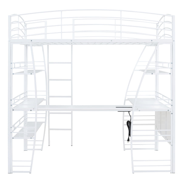 English Elm Full Loft Bed with L-Shaped Desk, 4-Tier Shelving, Metal Guardrails, USB Ports, Wireless Charging, Modern Dorm Room Solution White SF000021AAK