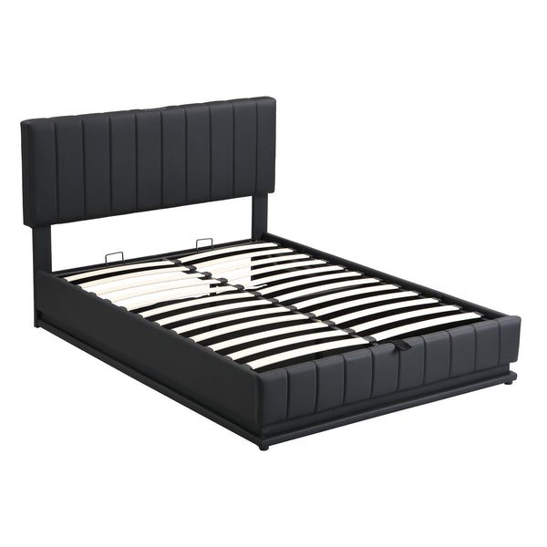 English Elm Full Upholstered Platform Bed with Hydraulic Storage, RGB LED Sensor Lights, USB Sockets, Modern Chic Black SF000031AAB