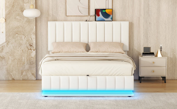 English Elm Full Upholstered Platform Bed with Hydraulic Storage, RGB LED Sensor Lights, USB Sockets, Modern Chic White SF000031AAK