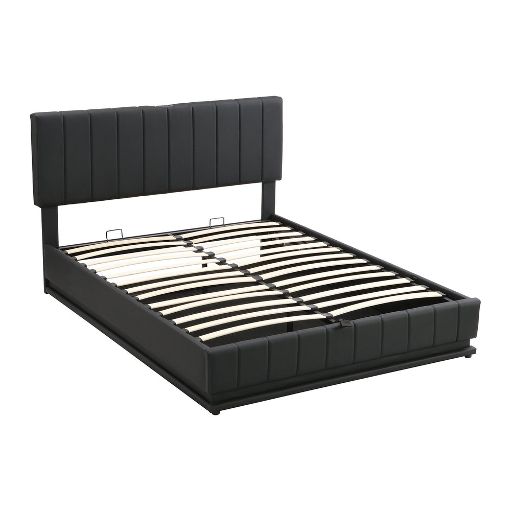 English Elm Queen Upholstered Platform Bed with Hydraulic Storage, RGB LED Sensor Lights, USB Sockets & Modern Design Black SF000032AAB