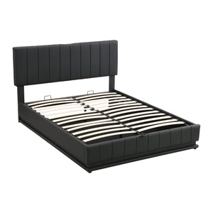 English Elm Queen Upholstered Platform Bed with Hydraulic Storage, RGB LED Sensor Lights, USB Sockets & Modern Design Black SF000032AAB