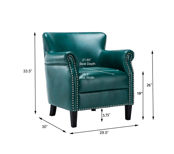 English Elm Hadley Teal Club Chair with Teal Faux Leather, 4.5" Foam, No-Sag Springs, Muted Chrome Nailhead Trim B050125406