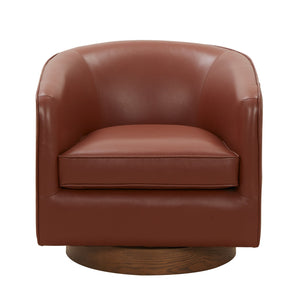 English Elm Tessa Caramel Top Grain Leather Swivel Chair with Wooden 360° Base, Pocket Coil Seat, Barrel Design B050125414