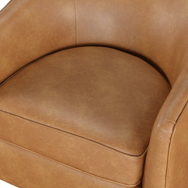 English Elm Maisy Brown Saddle Faux Leather Barrel Swivel Chair with Wood Base, 360° Swivel, Pocket Coil Comfort B050125447