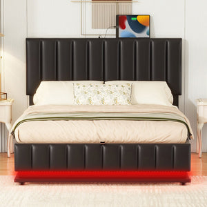 English Elm Full Upholstered Platform Bed with Hydraulic Storage, RGB LED Sensor Lights, USB Sockets, Modern Chic Black SF000031AAB