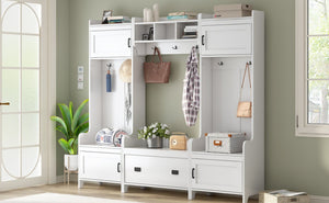 English Elm On-trend Modular White Hall Tree with Seven Hooks Storage Bench and Cabinet Doors SD000019AAK