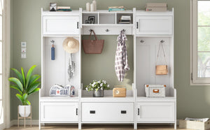 English Elm On-trend Modular White Hall Tree with Seven Hooks Storage Bench and Cabinet Doors SD000019AAK