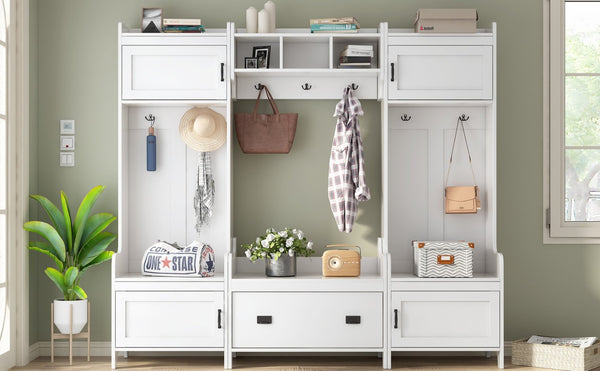 English Elm On-trend Modular White Hall Tree with Seven Hooks Storage Bench and Cabinet Doors SD000019AAK