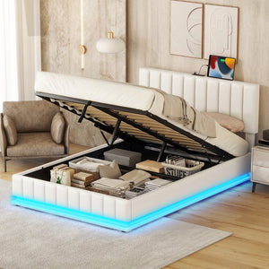 English Elm Full Upholstered Platform Bed with Hydraulic Storage, RGB LED Sensor Lights, USB Sockets, Modern Chic White SF000031AAK