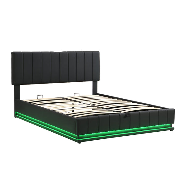 English Elm Queen Upholstered Platform Bed with Hydraulic Storage, RGB LED Sensor Lights, USB Sockets & Modern Design Black SF000032AAB
