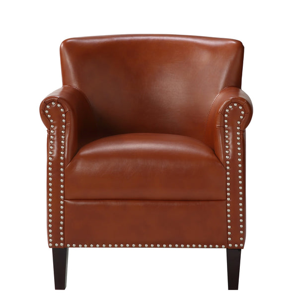 English Elm Hadley Upholstered Club Chair with Faux Leather, Nailhead Trim, Solid Wood Frame & Plush Foam Comfort Caramel B050125408