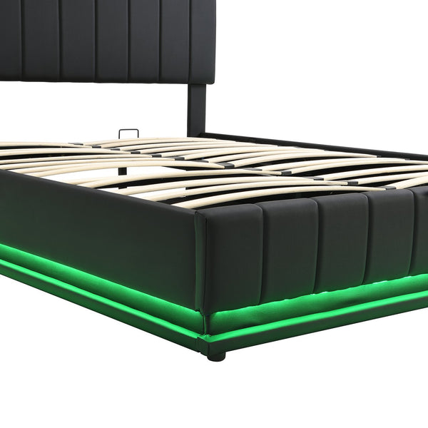 English Elm Queen Upholstered Platform Bed with Hydraulic Storage, RGB LED Sensor Lights, USB Sockets & Modern Design Black SF000032AAB