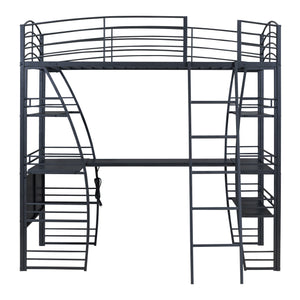 English Elm Twin Loft Bed with L-Shaped Desk, 4 Open Shelves, Built-In Sockets, USBs & Wireless Charging Black SF000020AAB