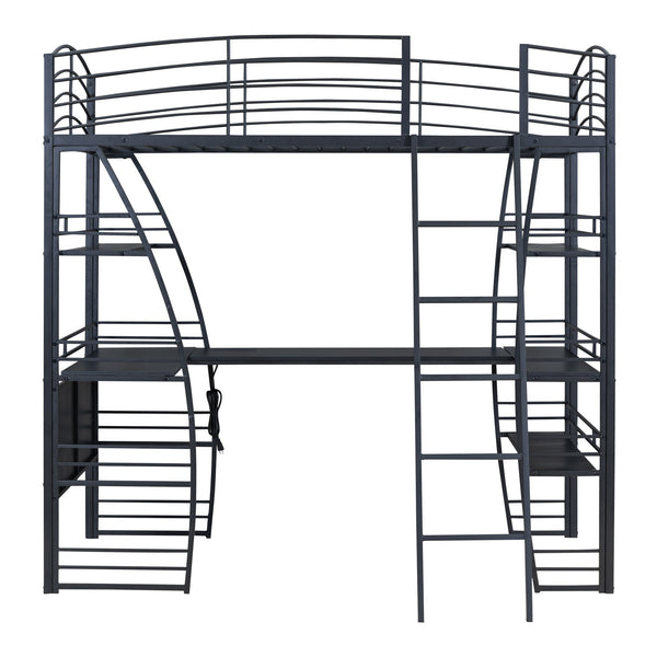 English Elm Twin Loft Bed with L-Shaped Desk, 4 Open Shelves, Built-In Sockets, USBs & Wireless Charging Black SF000020AAB