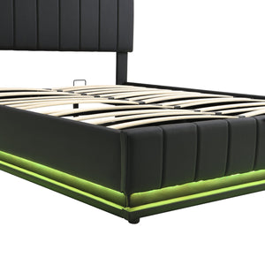 English Elm Queen Upholstered Platform Bed with Hydraulic Storage, RGB LED Sensor Lights, USB Sockets & Modern Design Black SF000032AAB