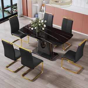 Hearth and Haven 1 Table and 6 Chairs. Modern, Simple and Luxurious Black Imitation Marble Rectangular Dining Table and Desk with 6 Black Leatherette Gold Plated Leg Chairs 63'' X 35.4'' X 30'' W1151S00452