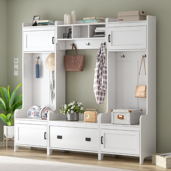 English Elm On-trend Modular White Hall Tree with Seven Hooks Storage Bench and Cabinet Doors SD000019AAK