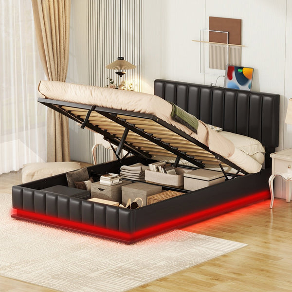 English Elm Full Upholstered Platform Bed with Hydraulic Storage, RGB LED Sensor Lights, USB Sockets, Modern Chic Black SF000031AAB