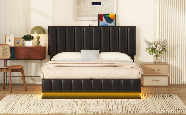 English Elm Queen Upholstered Platform Bed with Hydraulic Storage, RGB LED Sensor Lights, USB Sockets & Modern Design Black SF000032AAB
