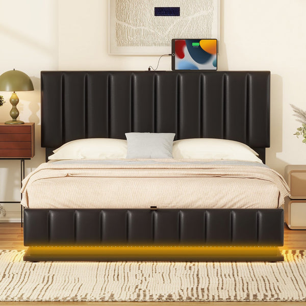 English Elm Queen Upholstered Platform Bed with Hydraulic Storage, RGB LED Sensor Lights, USB Sockets & Modern Design Black SF000032AAB