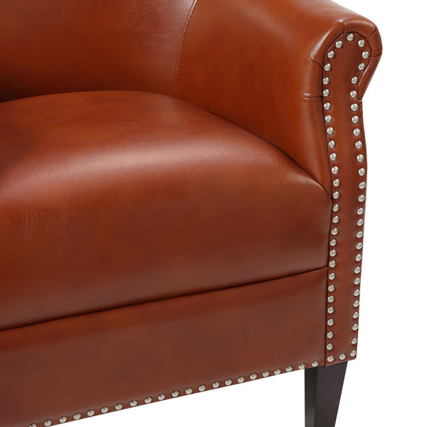 English Elm Hadley Upholstered Club Chair with Faux Leather, Nailhead Trim, Solid Wood Frame & Plush Foam Comfort Caramel B050125408