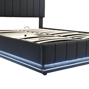 English Elm Queen Upholstered Platform Bed with Hydraulic Storage, RGB LED Sensor Lights, USB Sockets & Modern Design Black SF000032AAB