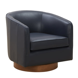 English Elm Tessa Midnight Blue Top-Grain Leather Swivel Accent Chair with Pocket Coil Seat and Wood Base B050125413