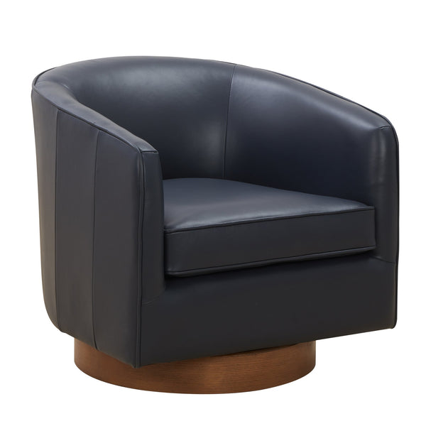 English Elm Tessa Midnight Blue Top-Grain Leather Swivel Accent Chair with Pocket Coil Seat and Wood Base B050125413