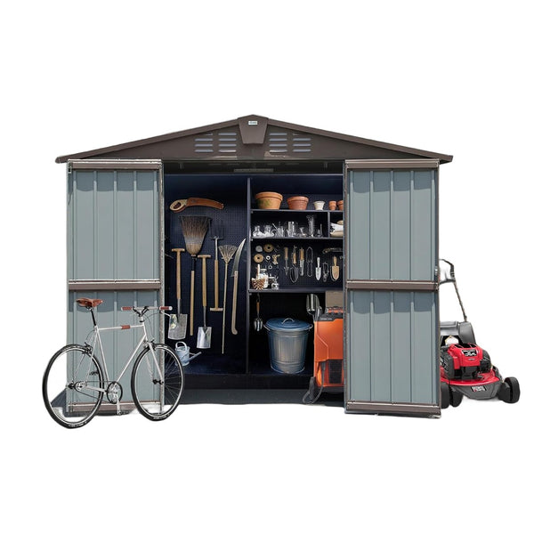 English Elm Outdoor Galvanized Steel Storage Shed with Lockable Doors Vented Waterproof Backyard Brown W1859S00039