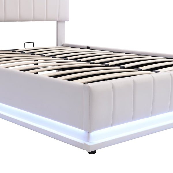 English Elm Full Upholstered Platform Bed with Hydraulic Storage, RGB LED Sensor Lights, USB Sockets, Modern Chic White SF000031AAK