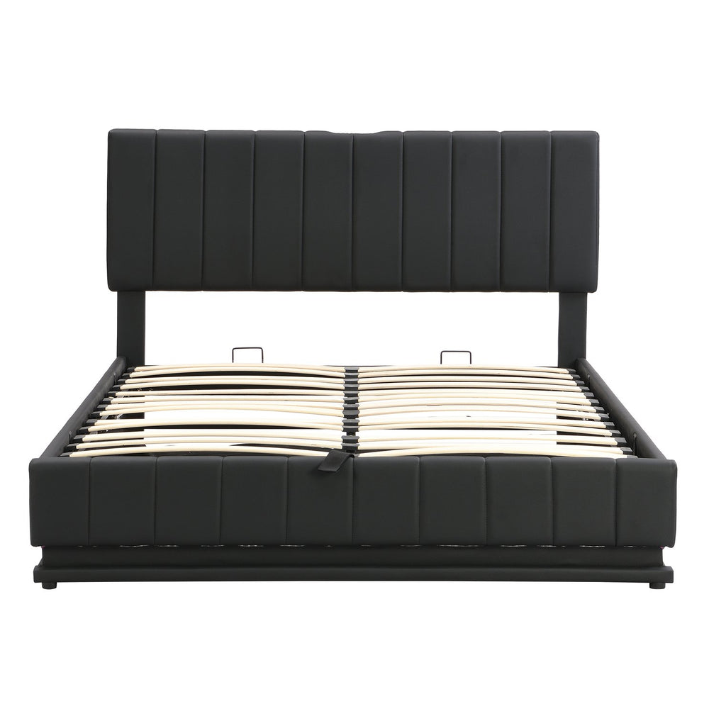 English Elm Queen Upholstered Platform Bed with Hydraulic Storage, RGB LED Sensor Lights, USB Sockets & Modern Design Black SF000032AAB