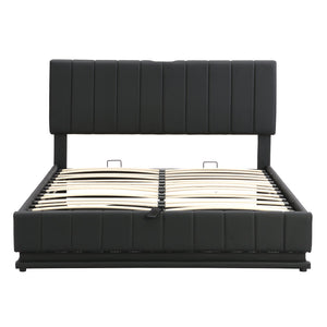 English Elm Queen Upholstered Platform Bed with Hydraulic Storage, RGB LED Sensor Lights, USB Sockets & Modern Design Black SF000032AAB