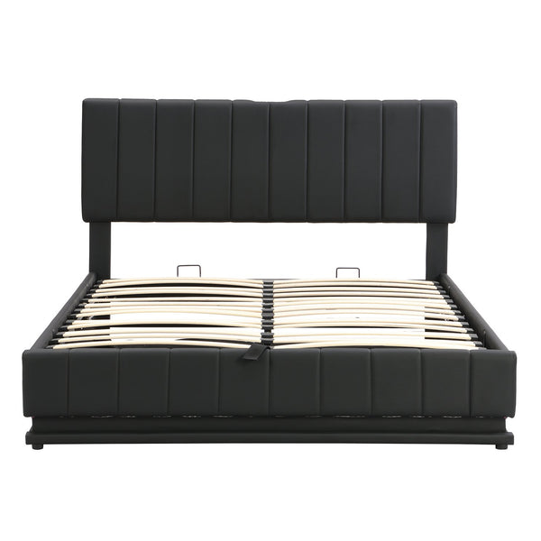 English Elm Queen Upholstered Platform Bed with Hydraulic Storage, RGB LED Sensor Lights, USB Sockets & Modern Design Black SF000032AAB