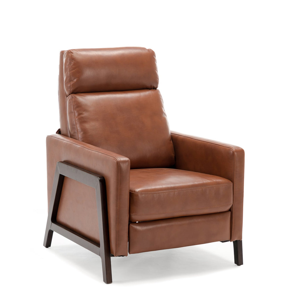English Elm Madeline Mid-Century Push Back Recliner with Exposed Wood Frame, Pocketed Coil Seating, Gel Upholstery Caramel B050125438